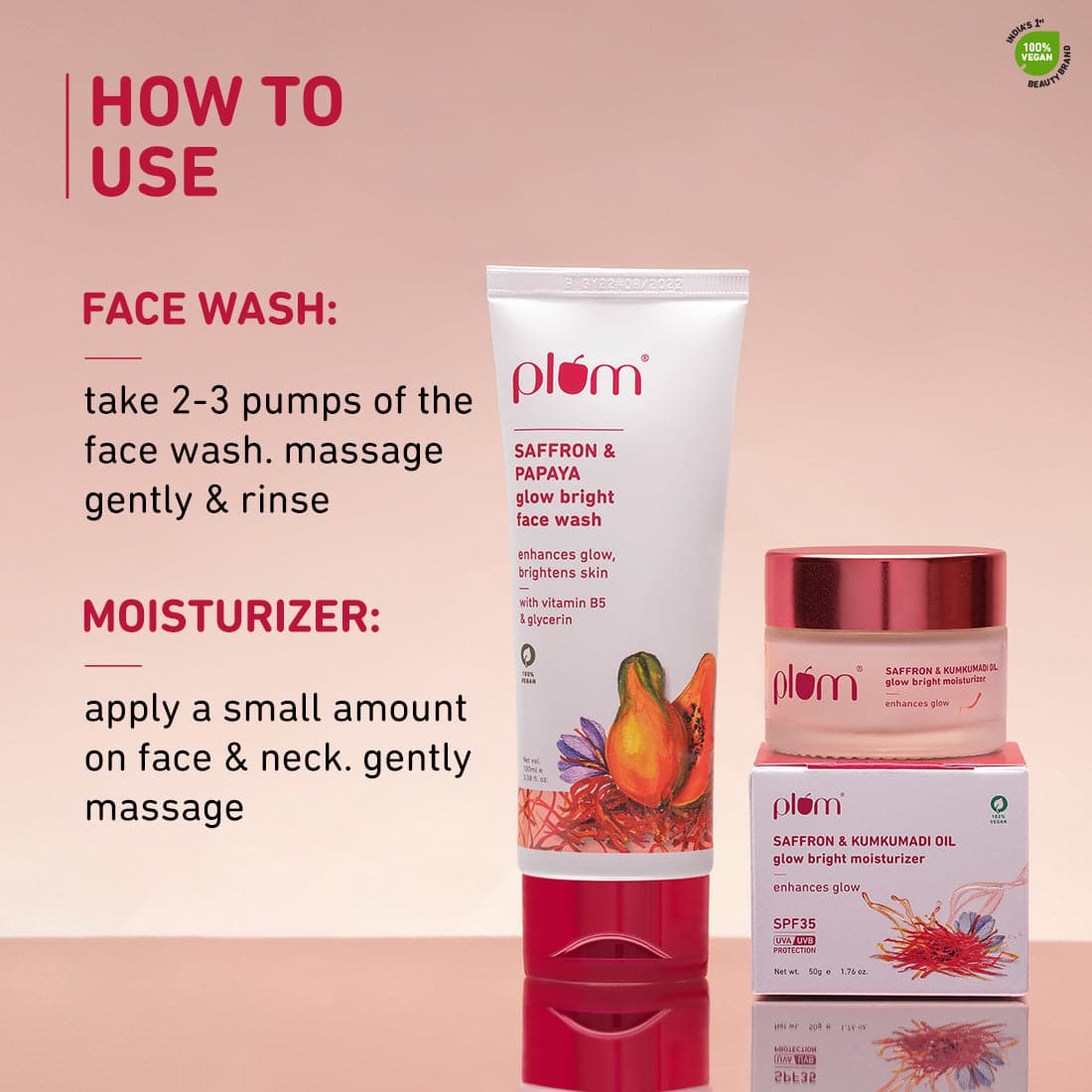 Saffron Glow Bright Cleanse & Moisturize Combo | Face Wash & Moisturizer | With Saffron & Kumkumadi Oil | Enhances Natural Glow & Hydrates Skin | For All Skin Types | 100% Vegan
