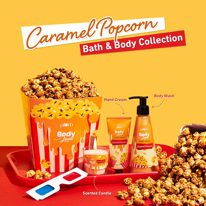 Plum BodyLovin' Caramel Popcorn & Chill Gift Kit | Body Wash | Hand Cream | Scented Candle | Gift Set