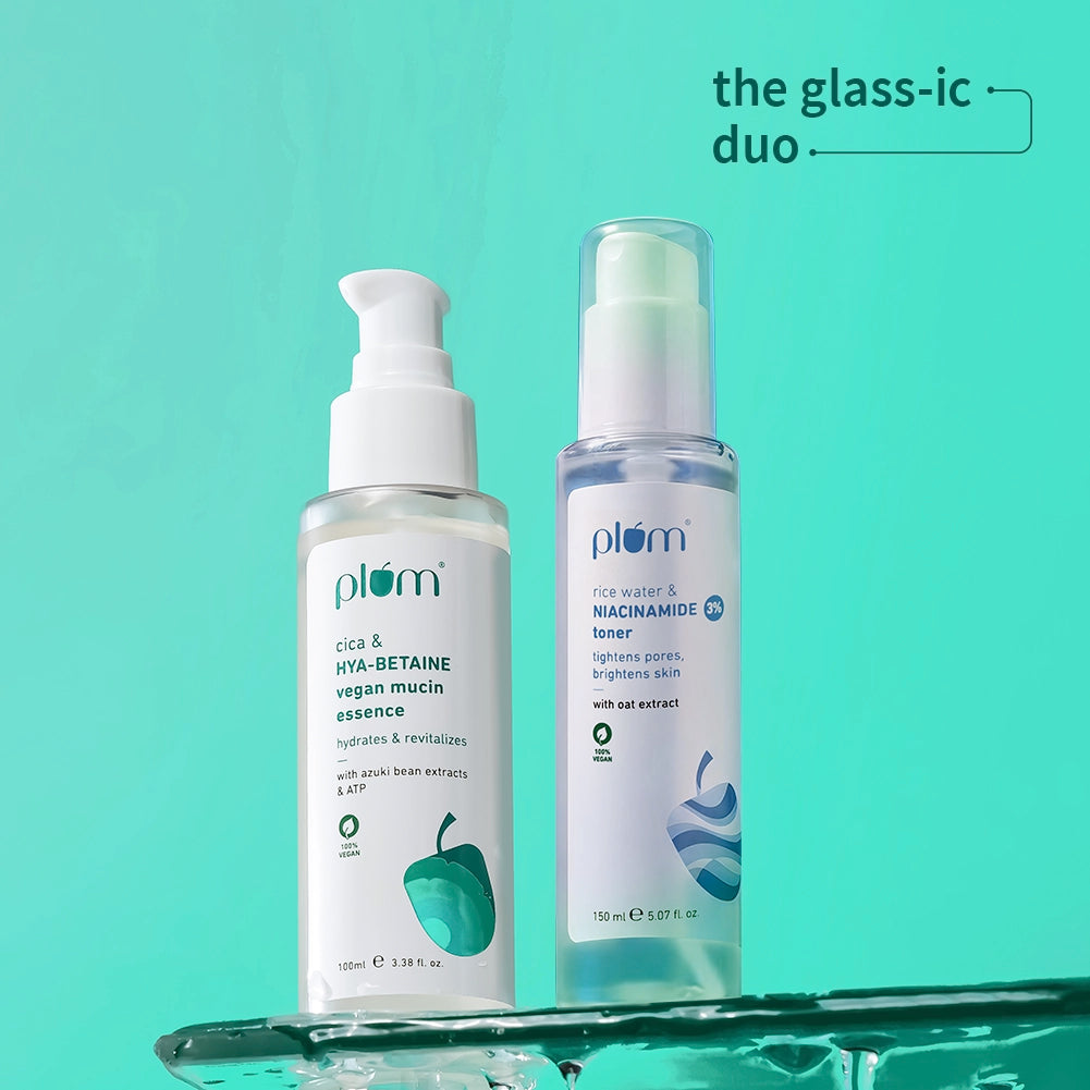 The Glass-ic Duo | Rice Water & 3% Niacinamide Face Toner | Cica & Hya-Betaine Vegan Mucin Face Essence