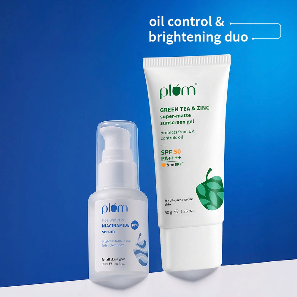 Oil Control & Brightening Duo | Green Tea & Zinc Super-Matte Sunscreen Gel SPF 50 PA ++++ | 10% Niacinamide Face Serum with Rice Water