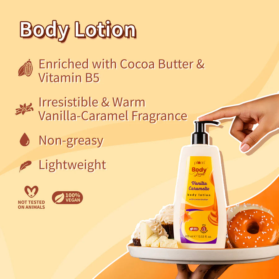Vanilla Caramello Bath & Body Bundle by Plum BodyLovin' | Body Wash, Body Lotion, Perfume & Body Mist