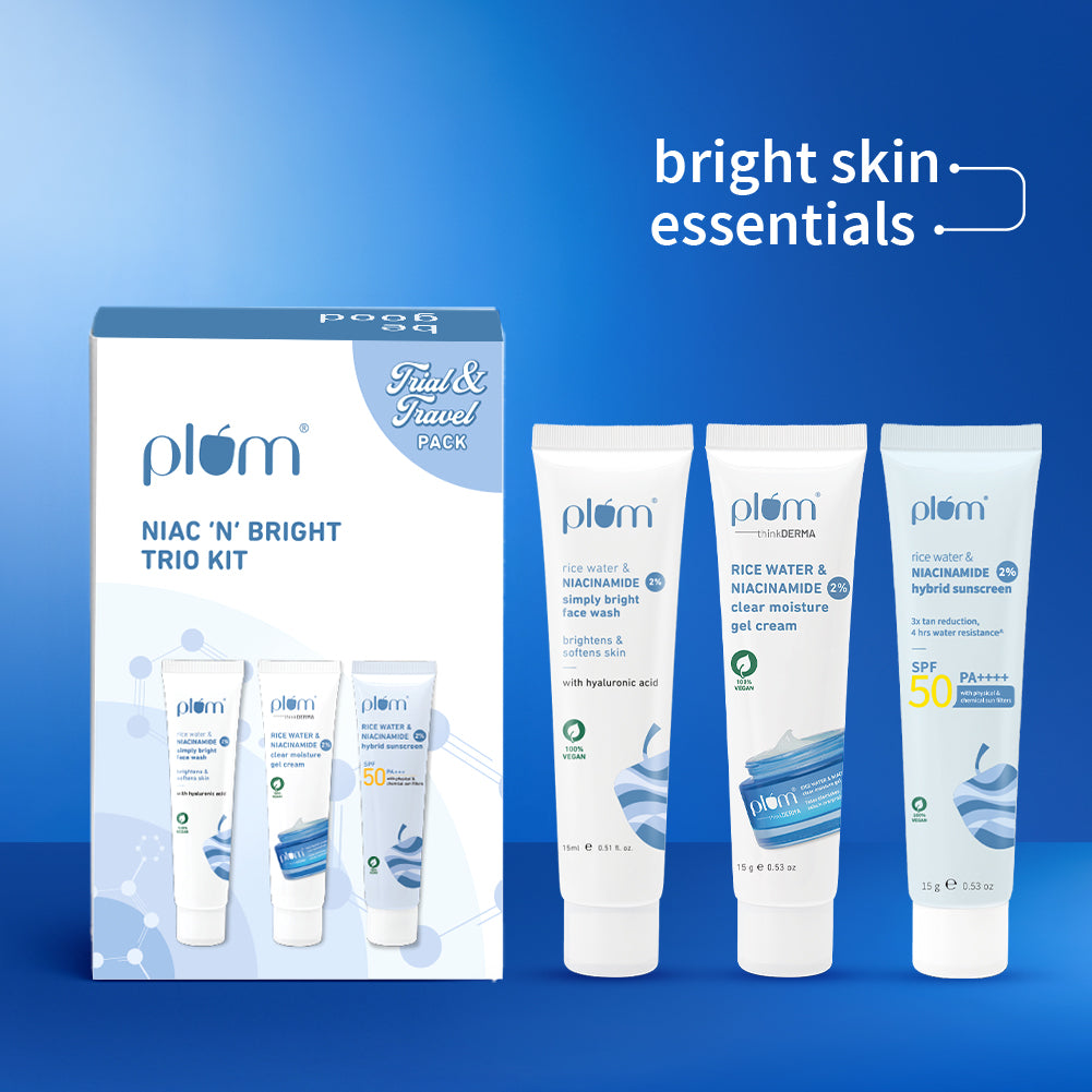 Plum Niacinamide Skincare Trio Kit | Face Wash | Moisturizer | Sunscreen | Travel-Size