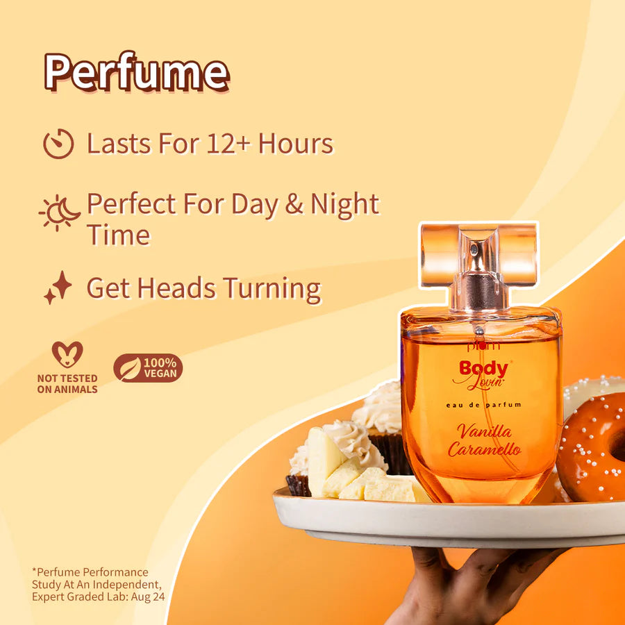 Vanilla Caramello Bath & Body Bundle by Plum BodyLovin' | Body Wash, Body Lotion, Perfume & Body Mist