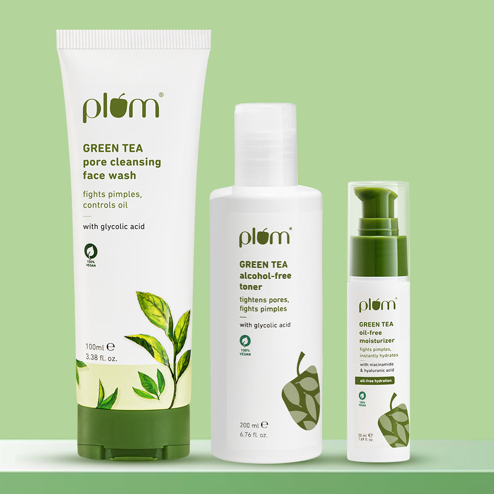 Plum Green Tea CTM routine for Oily, Acne-prone Skin with Green Tea Face Wash, Green Tea Toner and Green Tea Moisturizer
