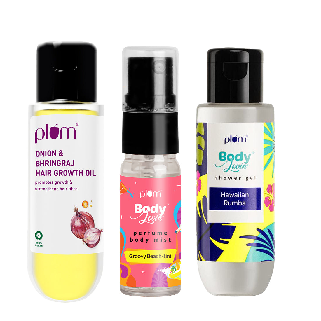 hair oil + shower gel + body mist Plum