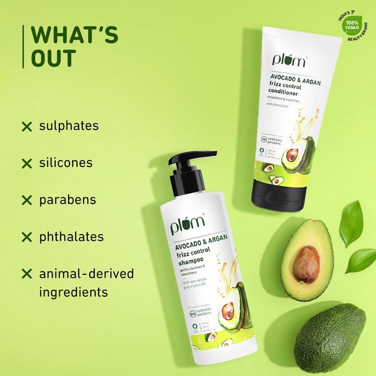 Avocado & Argan Frizz-free Combo | Shampoo, Conditioner | For Frizzy, Wavy, Curly Hair| Reduces Frizz, Smoothens Strands| Sulphate-Free | 100% Vegan 