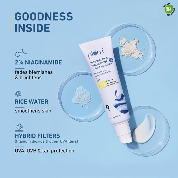 2% Niacinamide & Rice Water SPF 50 PA+++ Hybrid Sunscreen - Pack of 2 | Protects from UVA & UVB Rays | Fragrance-free | All Skin Types | 100% Vegan