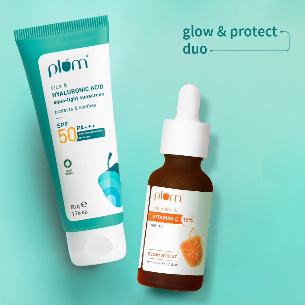 Glow & Protect Duo | 15% Vitamin C Serum 30ml, Cica & Hyaluronic Acid SPF 50 PA+++ Sunscreen 50g