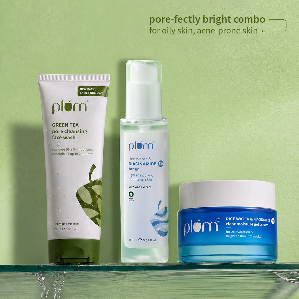 Pore-fectly Bright Combo for Oily, Acne-prone skin with Green Tea Face Wash, Niacinamide Toner & Niacinamide Gel Cream