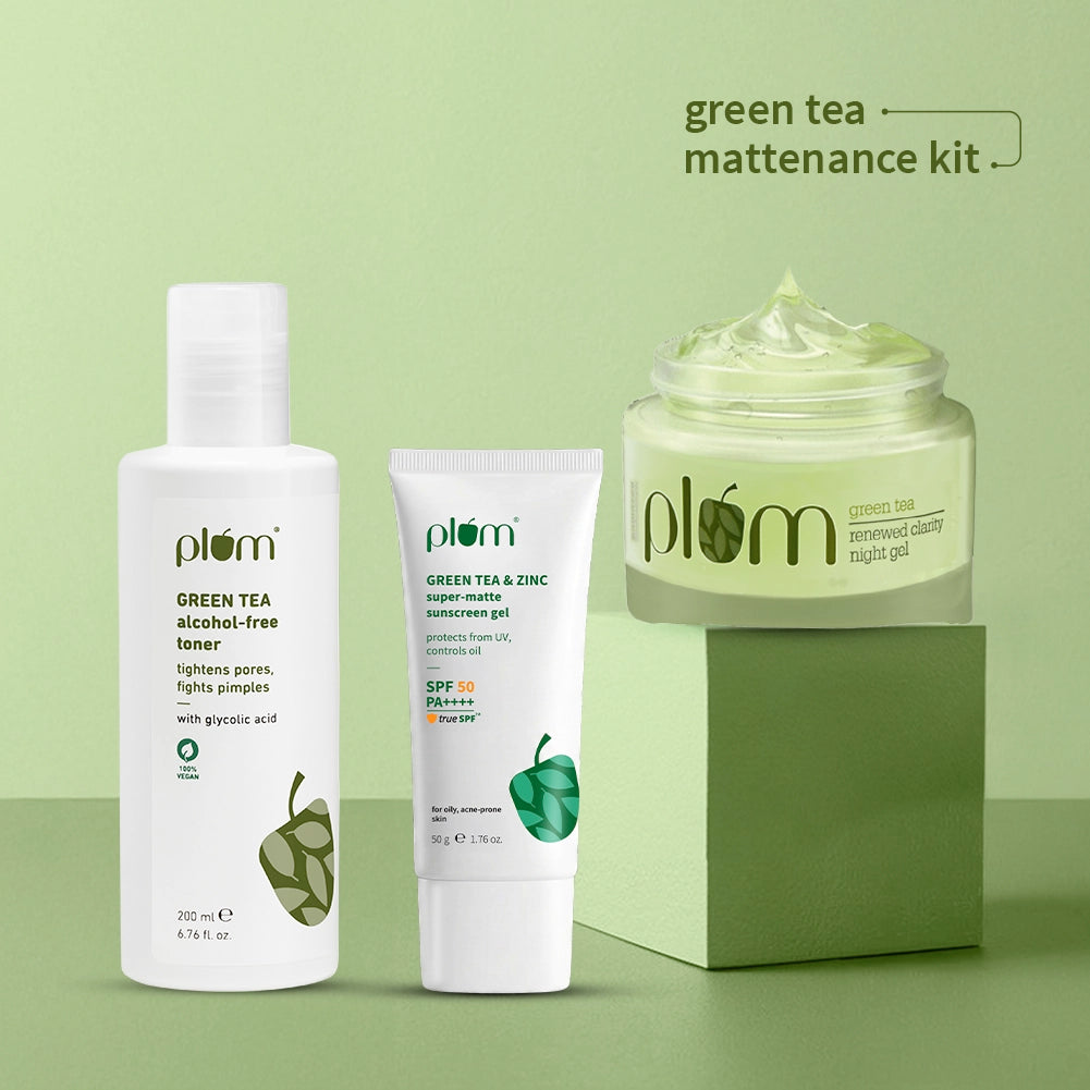 Plum Green Tea Mattenance Kit with Green Tea Toner, Green Tea SPF 50 Sunscreen, and Green Tea Night Gel