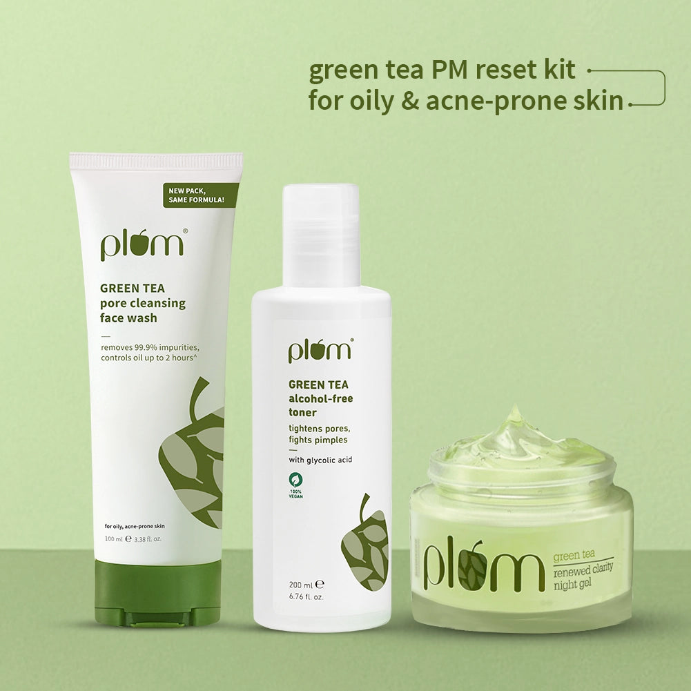 Plum Green Tea PM Reset Kit for Oily, Acne-prone Skin with Green Tea Face Wash, Green Tea Toner, and Green Tea Night Gel