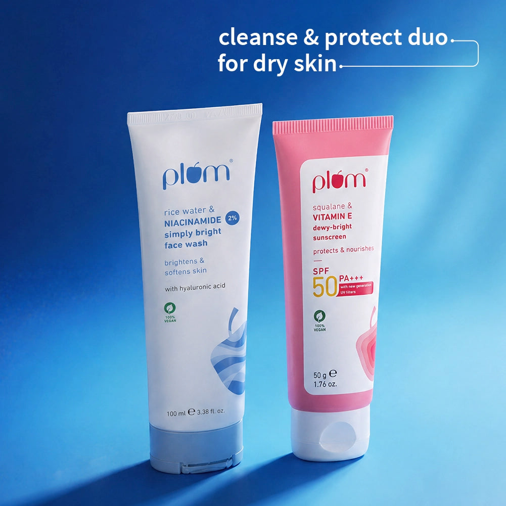 Cleanse & Protect Duo For Dry Skin | Rice water & 2% Niacinamide Face Wash 100ml | Squalane & Vitamin E SPF 50 PA+++ Sunscreen 50g