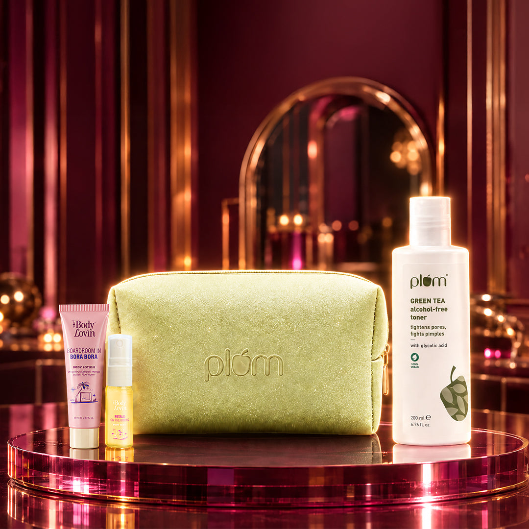 Festive glow kit (pouch color may vary + full-size toner + 2 travel-size plums)