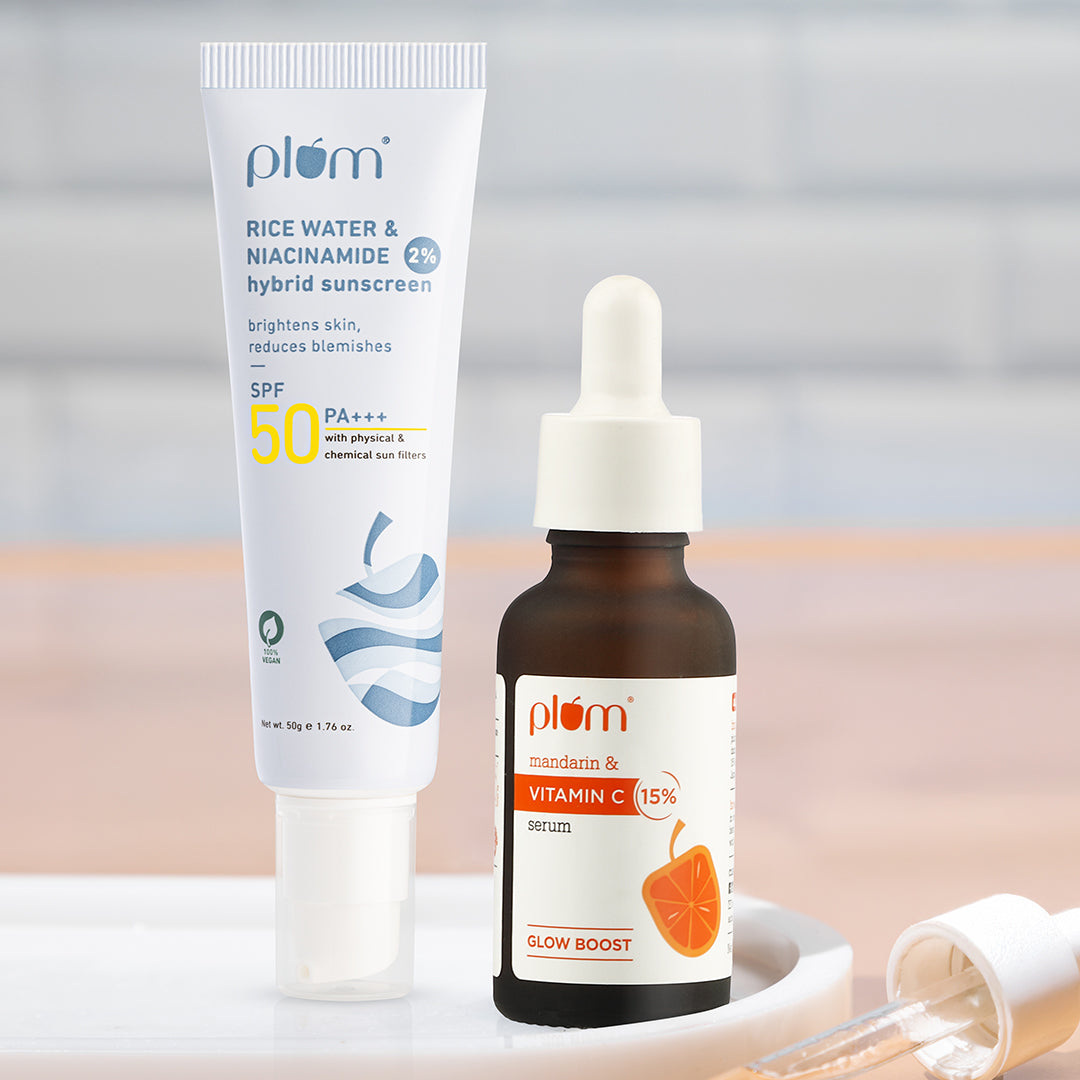 Glow & Protect Duo | 15% Vitamin C Serum 30ml | Rice Water & Niacinamide  Sunscreen 50g