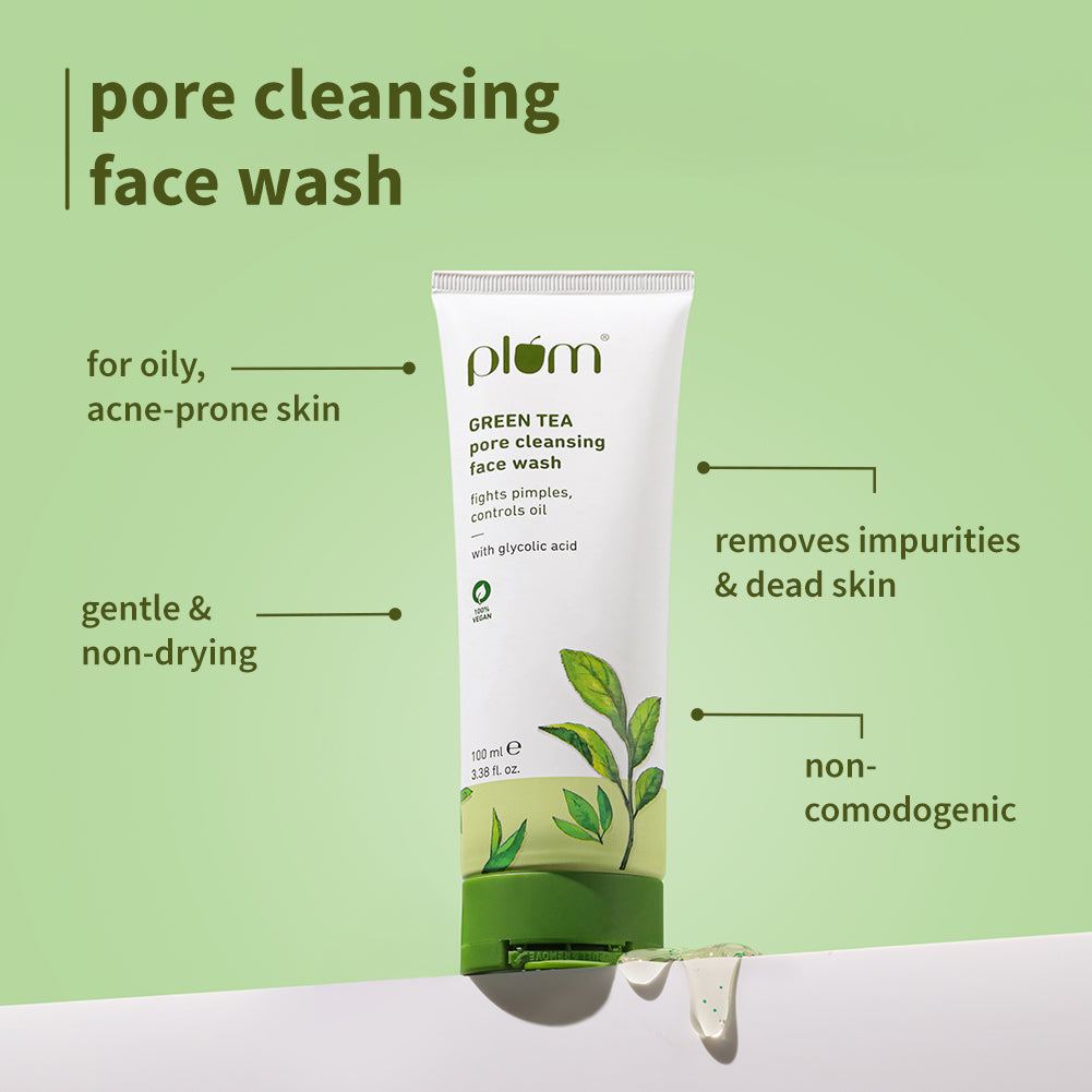 Plum Green Tea CTM routine for Oily, Acne-prone Skin with Green Tea Face Wash, Green Tea Toner and Green Tea Moisturizer