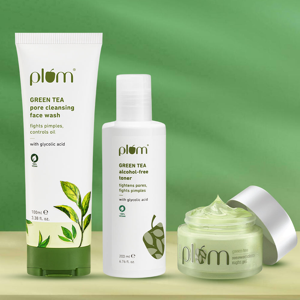 Plum Green Tea PM Reset Kit for Oily, Acne-prone Skin with Green Tea Face Wash, Green Tea Toner, and Green Tea Night Gel