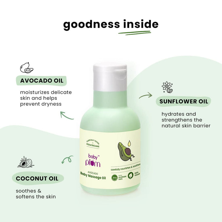Baby Plum Avocado Body Massage Oil | Deeply Moisturizing Formula | Relaxes & Soothes Baby | Clinically Tested by Pediatricians | Enriched with Sunflower & Coconut Oil | Tested Allergen Safe