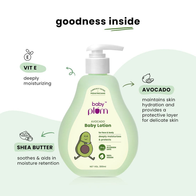 Baby Plum Avocado Baby Lotion | Deeply Moisturizes & Protects Baby Skin | Clinically Tested by Pediatricians | pH-balanced Formula with Shea Butter | Tested Allergen Safe