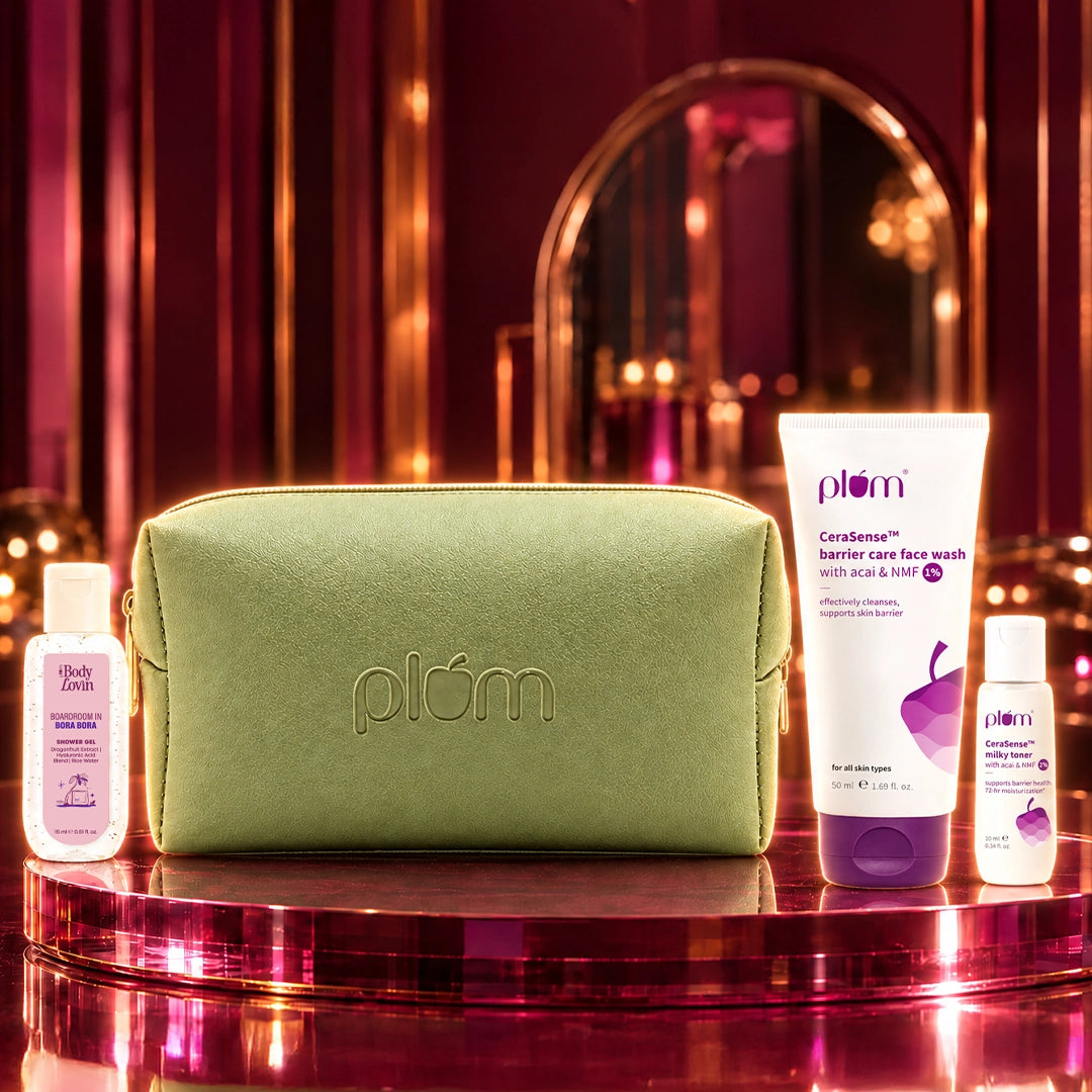 🎁Festive glow kit (pouch color may vary + full-size face wash + 2 travel-size plums)