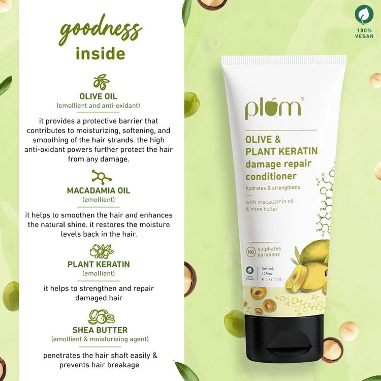 Olive & Plant Keratin Damage Repair Conditioner | Hydrates & Conditions Hair | Contains Olive Oil, Plant Keratin, Macadamia Oil & Shea Butter| For Dry, Damaged, Chemically Treated Hair |Silicone-Free | Paraben-Free|  100% Vegan