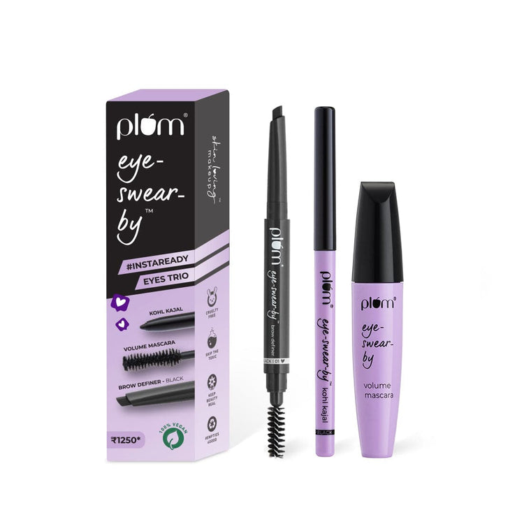 Eye-Swear-By Insta Ready Eyes Trio | Kohl Kajal (Deep Black) + Volume Mascara (Black) + Brow Definer (Ash Black) | 100% Vegan & Cruelty Free