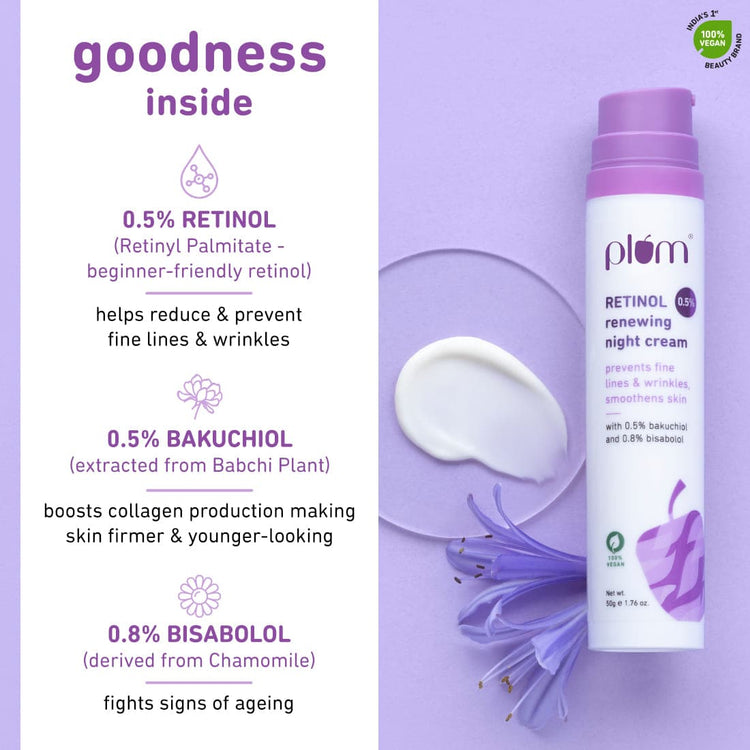 0.5% Retinol Anti-Ageing Night Cream | With 0.5% Bakuchiol & 0.8% Bisabolol | 100% Vegan & Fragrance-Free | 50 gm