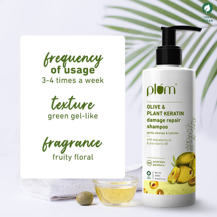 Olive & Plant Keratin Damage Repair Shampoo | With Olive Oil, Plant keratin, Macadamia oil | For Straightened, Coloured, Smoothened, Chemically Treated Hair | Sulphate – Free | Paraben- Free | Silicone – Free | 100% vegan