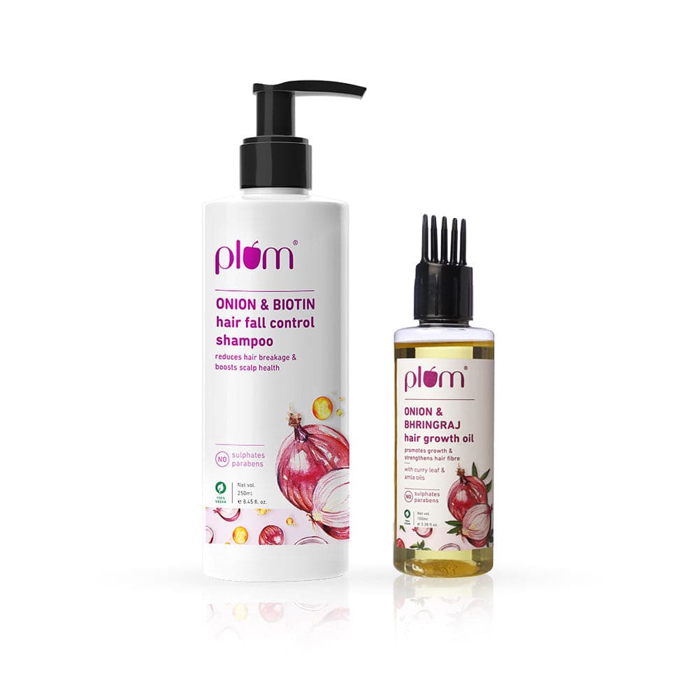 Onion, Biotin & Bhringraj Hair Fall Control Duo | Shampoo & Hair Oil | For All Hair Types | 100% Vegan I Sulphate-Free | Paraben- Free