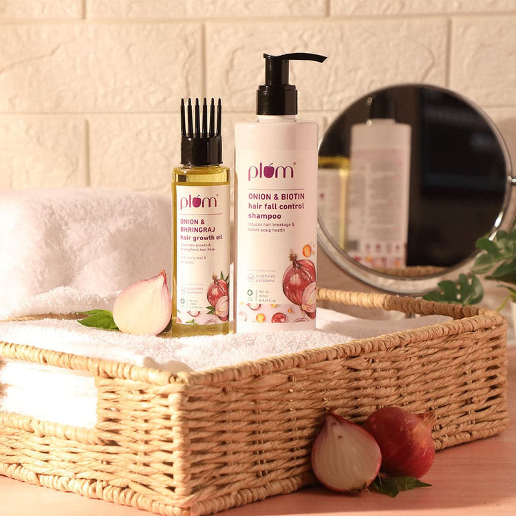 Onion, Biotin & Bhringraj Hair Fall Control Duo | Shampoo & Hair Oil | For All Hair Types | 100% Vegan I Sulphate-Free | Paraben- Free