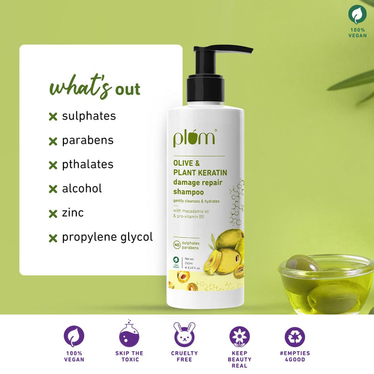 Olive & Plant Keratin Damage Repair Shampoo | With Olive Oil, Plant keratin, Macadamia oil | For Straightened, Coloured, Smoothened, Chemically Treated Hair | Sulphate – Free | Paraben- Free | Silicone – Free | 100% vegan